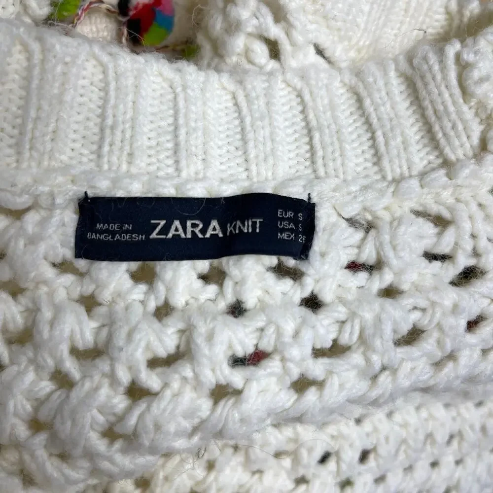 Zara Knit Chunky Pom Pom Oversized Jumper Sweater Size Small Cream